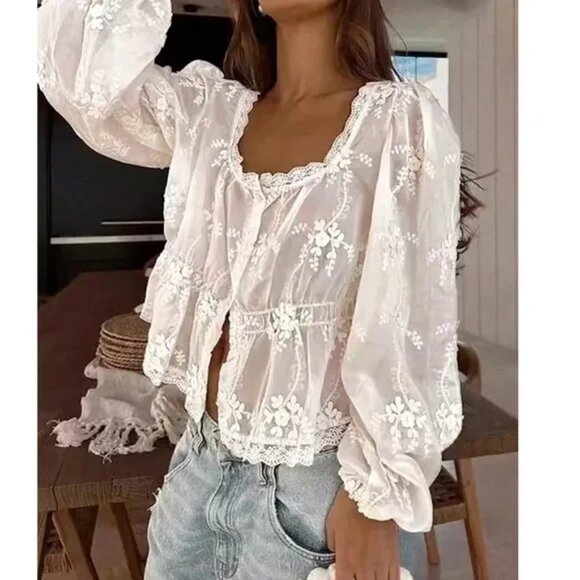 White Semi Sheer Lace Button Down Embroidered Floral Top - Picture 1 of 7